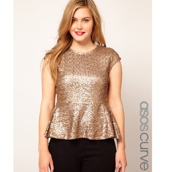 ASOS Curve Tops - ASOS Curve Champagne Sequin Peplum Top Sz 22